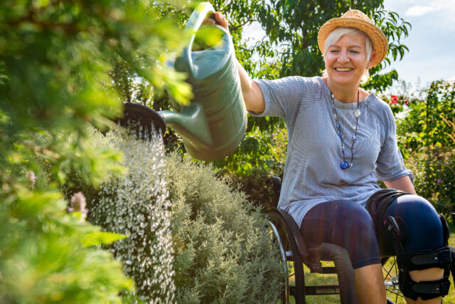 Lachende Frau im Rollstuhl gießt mit einer Gießkanne Pflanzen in einem Garten